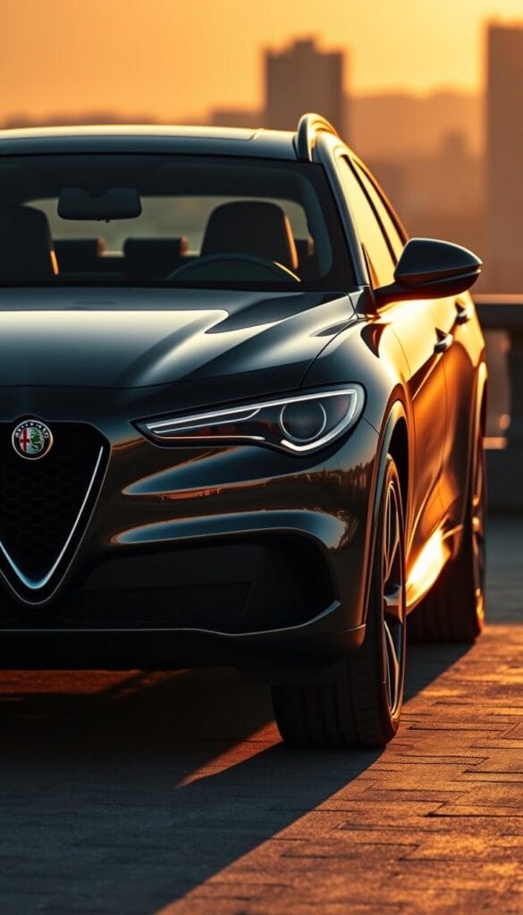 A sleek, muscular Alfa Romeo performance SUV dominates the frame, its distinctive triangular grille and sculpted hood reflecting the brand's rich heritage. The vehicle is bathed in warm, golden light, casting dramatic shadows that accentuate its powerful stance. In the background, a blurred cityscape hints at the SUV's urban versatility, while the horizon is tinged with the warm hues of a sunset, creating a sense of timeless elegance. The composition emphasizes the Alfa Romeo's dynamic, yet refined presence, embodying the evolution of the brand's performance SUV legacy.