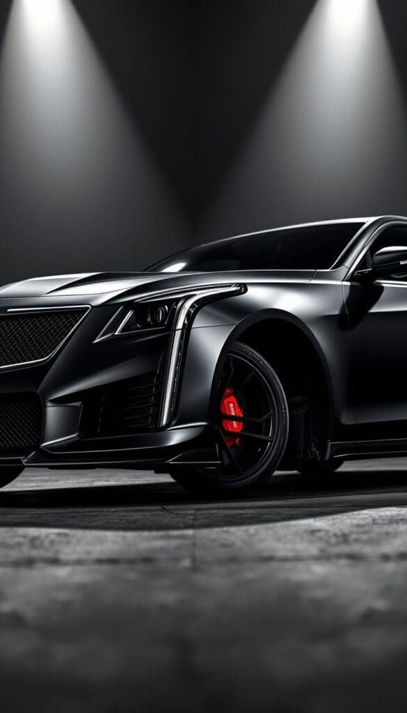A sleek, muscular Cadillac CT4-V Blackwing sports car in matte black paint, showcased against a dramatic, cinematic backdrop. The car is captured from a low angle, highlighting its aggressive front grille, sharp headlights, and sculpted hood. The middle ground features high-performance tires and alloy wheels, with brake calipers in contrasting red. The background is blurred, creating a sense of depth and focus on the car. Dramatic lighting casts dramatic shadows, creating a sense of power and performance. "IsCarOk" branding is displayed subtly on the car's bodywork.