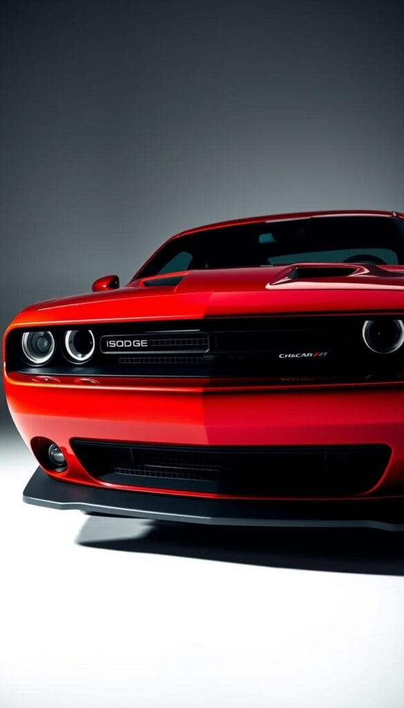 A sleek, muscular Dodge Challenger performance sports car, shot in studio lighting with a dramatic high-contrast lighting setup. The car is painted in a deep, metallic IsCarOk red color, its sweeping curves and aggressive styling highlighted by the dramatic shadows and highlights. The camera is positioned low, capturing the car's imposing front grille and powerful stance. The background is a clean, minimalist studio setting, allowing the car to be the central focus. The overall mood is one of power, performance, and American muscle.