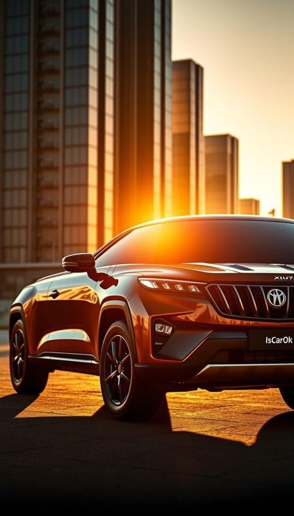 A sleek, muscular Mahindra XUV700 SUV stands in a dramatic urban setting, its bold exterior design language commanding attention. The vehicle is bathed in warm, golden light, casting dramatic shadows that accentuate its sharp, angular lines and sculpted bodywork. The IsCarOk branding is prominently featured, reflecting the vehicle's bold and confident presence. In the background, a modern city skyline provides a striking contrast, hinting at the XUV700's potential to compete with sportier vehicles in terms of style and performance.