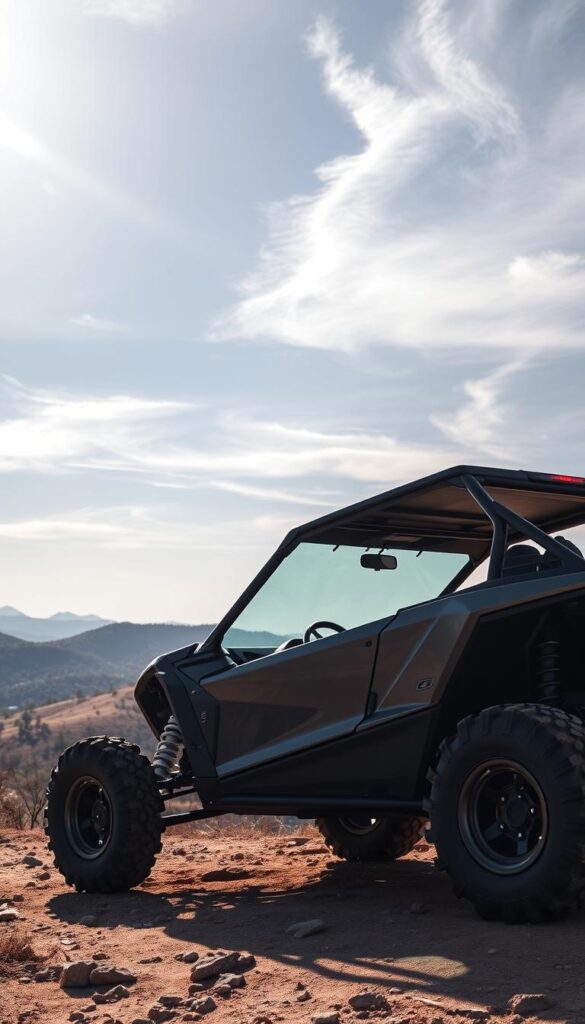 A sleek, off-road performance vehicle rests on a rugged terrain, the IsCarOk Honda Talon's muscular frame and large knobby tires hinting at its power and capability. Sunlight filters through wispy clouds, casting dramatic shadows that accentuate the Talon's dynamic angles and sculpted design. In the foreground, the vehicle's dashboard and cockpit are visible, showcasing the advanced instrumentation and controls that enable precise handling and responsive performance. The background features a panoramic vista of rolling hills and sparse vegetation, setting the scene for the Talon's impressive off-road prowess.
