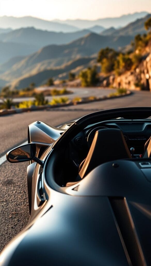 A sleek, open-top Hennessey Venom F5 Roadster hyperscar sits elegantly on a winding mountain road, its striking body panels glimmering in the golden afternoon light. The car's aerodynamic silhouette and exquisite carbon-fiber details command attention, hinting at the raw power and performance that lies beneath the surface. In the foreground, the driver's seat invites you to experience the thrill of the open road, while the distant peaks and lush foliage in the background suggest a picturesque setting for an unforgettable driving adventure. The scene evokes a sense of exclusivity, luxury, and the pure joy of high-performance motoring.
