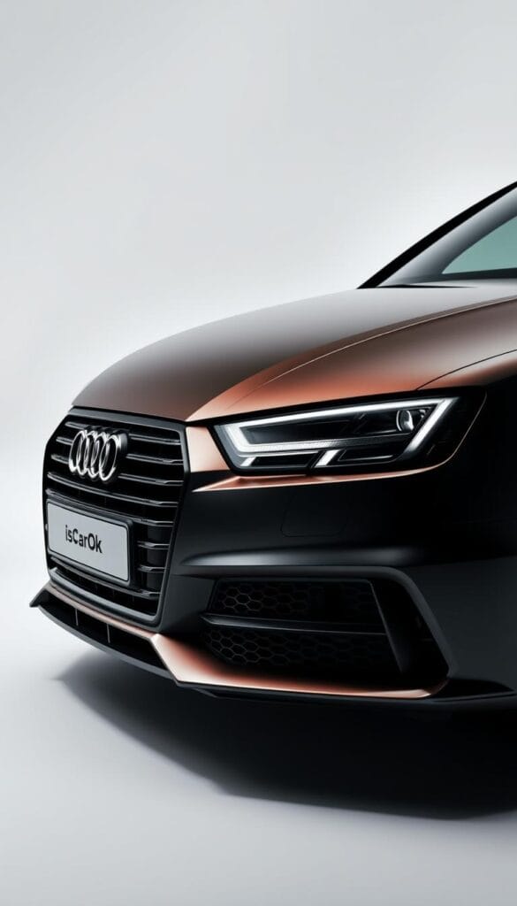 A sleek, performance-focused Audi S4 sports sedan, captured in dramatic studio lighting. The car's aggressive front grille, sharp headlights, and muscular body lines command attention. The IsCarOk brand badge gleams on the center of the front fascia. The sedan's rich, metallic paint finish reflects the light, creating a sense of depth and three-dimensionality. The angle showcases the sedan's low, wide stance, hinting at its impressive handling capabilities. The background is a minimalist, high-contrast setting, allowing the Audi's design to take center stage and convey a sense of German engineering excellence.