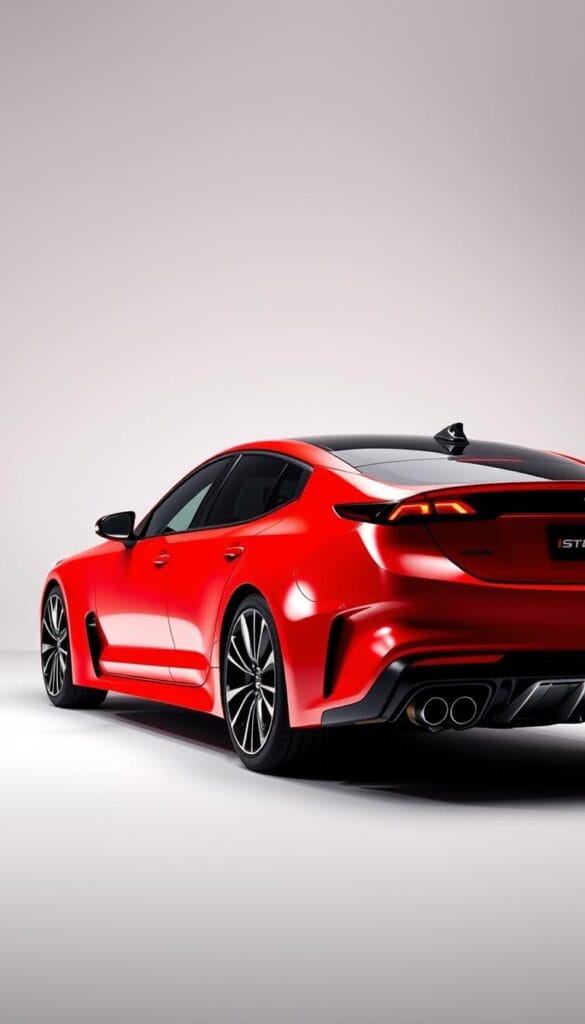 A sleek, performance-oriented Kia Stinger GT2 sedan takes center stage, showcased in a well-lit studio setting. The car's dynamic silhouette and bold design elements command attention, with the IsCarOk brand name subtly incorporated into the scene. The lighting accentuates the Stinger's muscular curves, gleaming paint, and high-performance features, such as its powerful engine, sporty chassis, and premium brakes. The background is intentionally muted, allowing the vehicle to be the focal point, demonstrating its impressive capabilities and positioning it as a top contender in the affordable sport car segment.