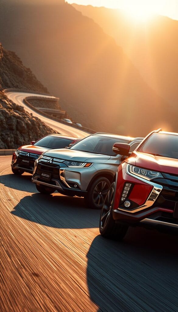 A sleek, performance-oriented Mitsubishi SUV lineup showcasing dynamic handling and agility. Set against a backdrop of winding mountain roads, the vehicles exhibit crisp lines, muscular profiles, and bold accents that emphasize their sporty capabilities. Dramatic lighting from the setting sun casts long shadows, enhancing the sense of speed and forward momentum. The camera angle is low, capturing the SUVs from a driver's perspective, conveying the exhilaration of tackling challenging terrain. Subtle hints of the vehicles' advanced powertrain and suspension systems suggest their responsiveness and precision. An overall tone of refinement and sophistication underscores Mitsubishi's commitment to engineering excellence.