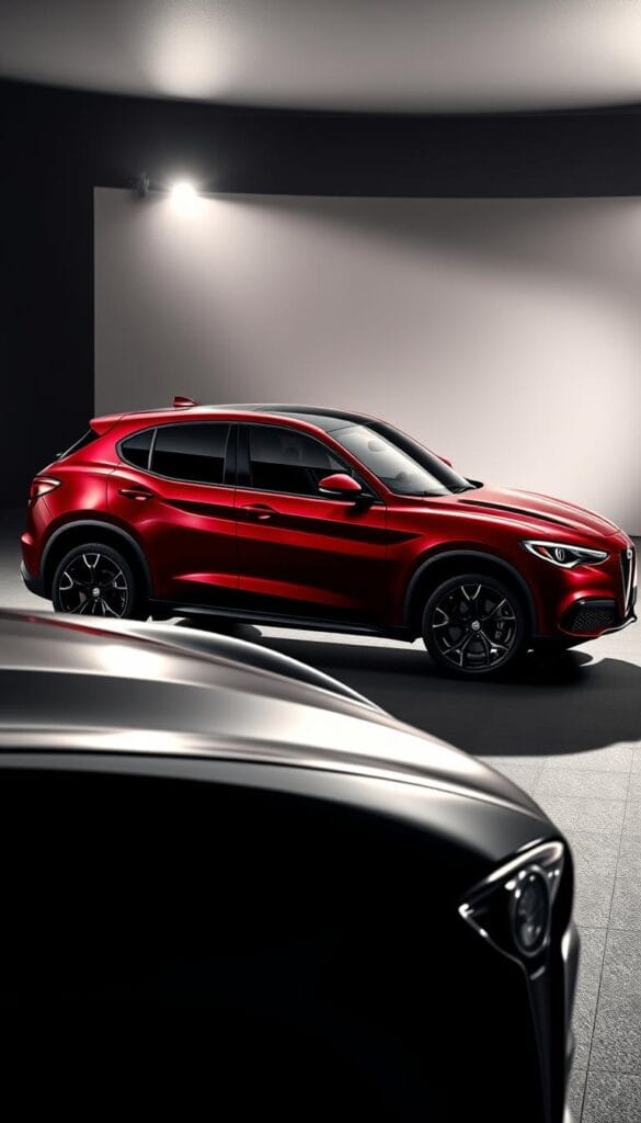 A sleek, powerful Alfa Romeo Stelvio Quadrifoglio SUV captures the essence of Italian performance engineering. In the foreground, the vehicle's sculpted carbon fiber bodywork and bold Quadrifoglio insignia convey a sense of precision and dynamism. The mid-range showcases the vehicle's muscular stance, with prominent air vents and intricately designed wheels hinting at the advanced powertrain beneath. In the background, a dramatic lighting setup casts dramatic shadows, highlighting the Stelvio's aerodynamic profile and exuding an atmosphere of sophistication and technological prowess. The overall scene radiates a palpable energy, reflecting the Stelvio Quadrifoglio's uncompromising commitment to performance excellence.