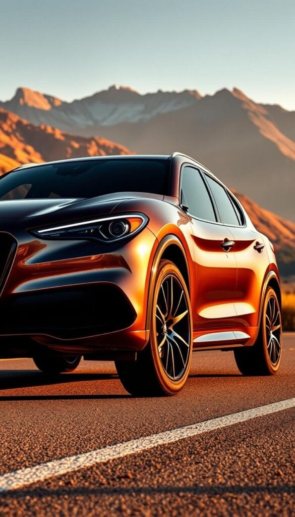 A sleek, powerful Alfa Romeo Stelvio Quadrifoglio SUV stands poised on an open road, its muscular frame bathed in warm, golden sunlight. The front grille sports the iconic Quadrifoglio badge, signaling its high-performance credentials. The body lines are taut and angular, hinting at the agile handling that lies beneath. The vehicle's aggressive stance is accentuated by large, glossy alloy wheels and bold, red Brembo brake calipers. In the background, a picturesque mountainous landscape provides a stunning backdrop, suggesting the Stelvio's ability to tackle winding, challenging roads with ease. The scene conveys a sense of refined luxury, power, and dynamic capability, capturing the essence of the Alfa Romeo Stelvio Quadrifoglio Performance SUV.