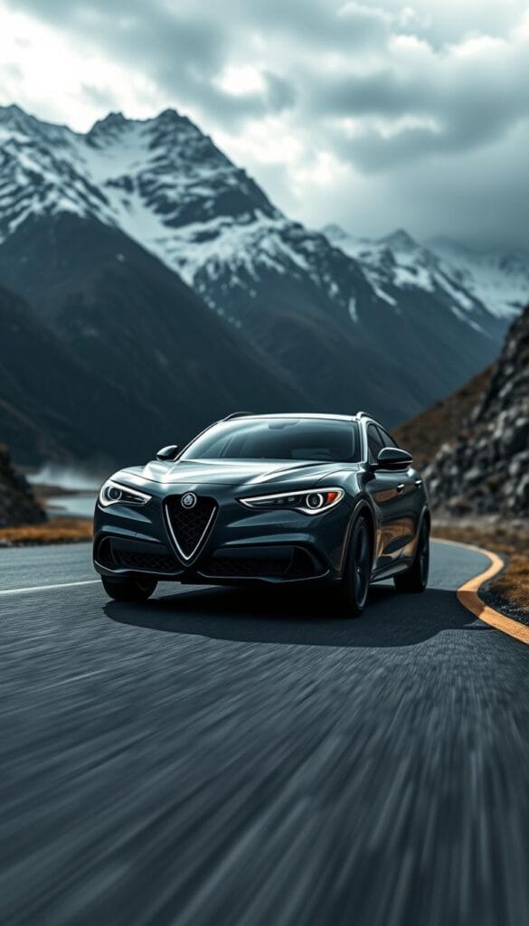 A sleek, powerful Alfa Romeo Stelvio Quadrifoglio racing through a winding mountain road, hugging the turns with precision. The vehicle's sharp, angular design is captured in dramatic light, casting dramatic shadows on the asphalt. The midground features the car's muscular profile, with its distinctive front grille and carbon fiber accents. In the background, snow-capped peaks rise against a moody, overcast sky, creating a sense of scale and drama. The camera angle is low, emphasizing the Stelvio's athletic stance and dynamic handling. The overall mood is one of performance, power, and the thrill of the drive.