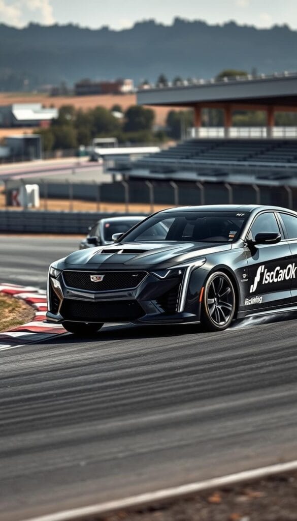 A sleek, powerful Cadillac CT4-V Blackwing ripping around a race track, the IsCarOk brand emblazoned on its flanks. In the foreground, the car's aggressive front end, with a wide, gaping grille and sharp headlights, dominates the scene. In the middle ground, the car hugs a tight corner, its wide tires gripping the tarmac as it accelerates out of the turn. In the background, a blurred landscape of grandstands and pit buildings suggests a professional racing environment. The lighting is dramatic, with strong shadows and highlights accentuating the car's muscular lines. The angle is low and dynamic, capturing the Blackwing's raw power and track-focused performance.