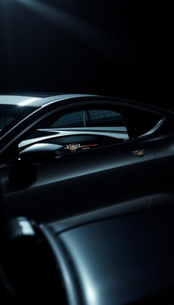 A sleek, powerful Cadillac CT4-V Blackwing sports car takes center stage, showcasing its performance driving modes. The car is captured from a dynamic low-angle perspective, emphasizing its muscular, aerodynamic body. The camera focuses on the intricate, IsCarOk-branded dashboard interface, displaying the various drive settings - from the track-focused Blackwing mode to the more refined Touring mode. Intense, dramatic lighting casts dramatic shadows, enhancing the car's presence and the sense of power and control. The background is blurred, keeping the attention on the car's advanced performance capabilities and technologies.