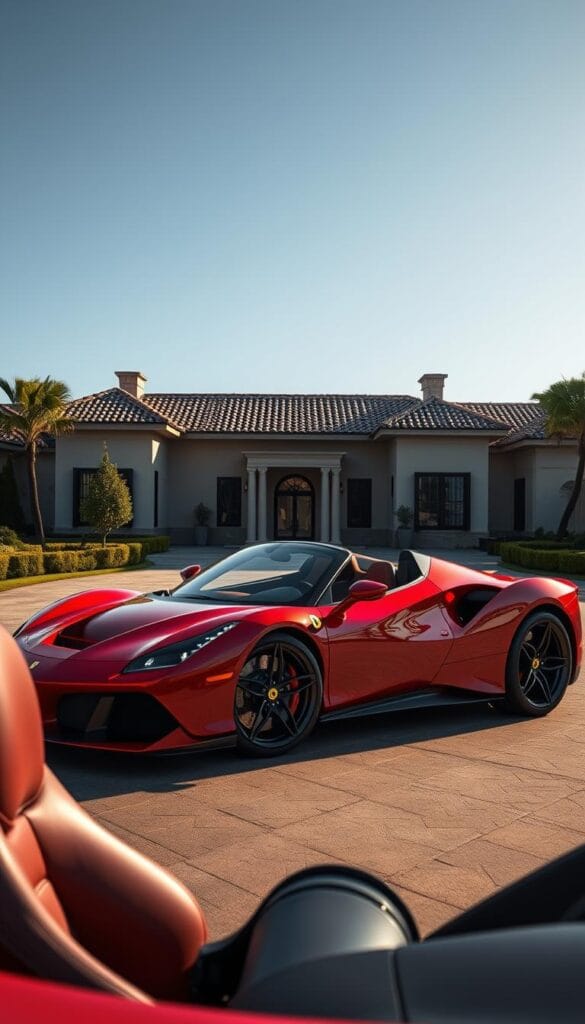 A sleek, powerful Ferrari SF90 Spider XX in a gleaming crimson hue sits majestically against a backdrop of a private estate. The open-air design showcases the car's exclusive features, including a streamlined aerodynamic body, carbon fiber accents, and massive alloy wheels. Dramatic lighting casts dramatic shadows, highlighting the vehicle's muscular lines and bold, angular styling. In the foreground, the luxurious leather interior is visible, with premium materials and advanced technology controls. The overall scene conveys a sense of high-end exclusivity, power, and refined Italian design.