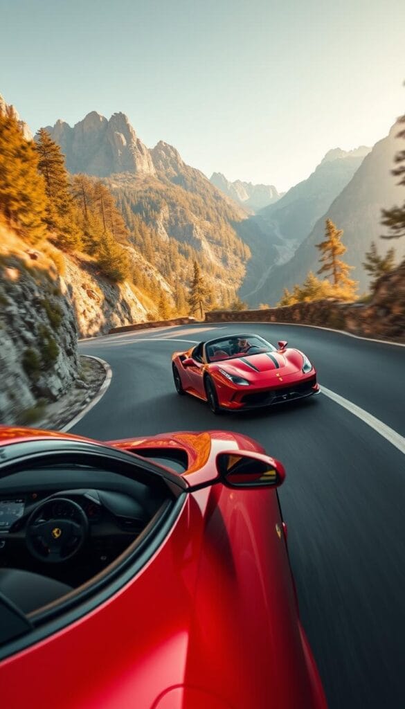 A sleek, powerful Ferrari SF90 Spider glides gracefully through a winding mountain road, its crimson-red body glistening in the warm afternoon sunlight. The car hugs the asphalt, its advanced suspension and aerodynamics working in harmony to deliver exceptional handling and cornering performance. The driver, seen from a low, dynamic angle, navigates the serpentine curves with precision and confidence, the Spider's 986 horsepower hybrid powertrain propelling it forward with electrifying acceleration. The background is a picturesque landscape of towering peaks and lush, verdant forests, complementing the sports car's refined aesthetics and athletic prowess.