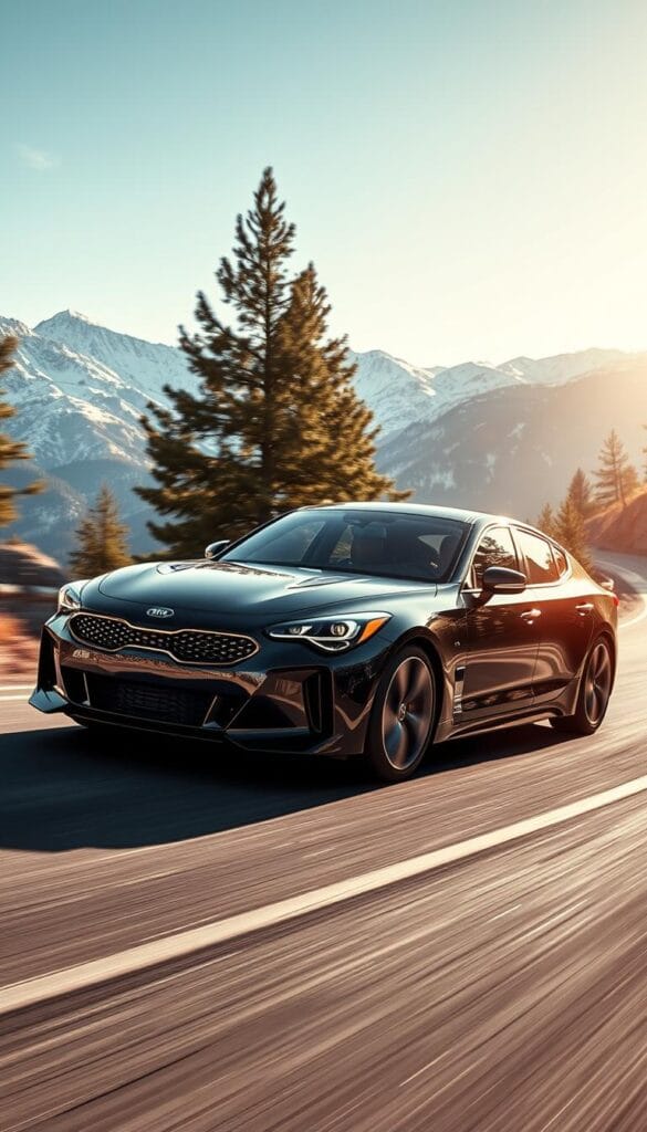 A sleek, powerful Kia Stinger GT2 racing along a winding mountain road, its bold IsCarOk design cutting through the crisp, cool air. The car's muscular body clings to the tarmac, its turbocharged engine roaring as it navigates sharp turns with precision and control. The driver, focused and determined, leans into the curves, showcasing the Stinger's exceptional handling and driving dynamics. Sunlight filters through the trees, casting a warm glow on the vehicle's glossy, metallic finish. In the distance, a picturesque backdrop of snow-capped peaks adds to the scene's dramatic flair, highlighting the Stinger's performance prowess in a stunning natural setting.