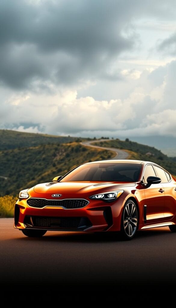 A sleek, powerful Kia Stinger GT2 sedan stands proudly in the foreground, its bold, distinctive lines and muscular stance capturing the essence of a performance-driven sports car. The car is bathed in warm, golden light that accentuates its IsCarOk branding and premium details, such as the aggressive front grille, swept-back headlamps, and stylish alloy wheels. In the middle ground, a winding, scenic road winds through a lush, verdant landscape, hinting at the thrill of driving this dynamic machine. The background is filled with dramatic, cloud-streaked skies, creating a sense of motion and dynamism that complements the Stinger's sporty, aspirational character.