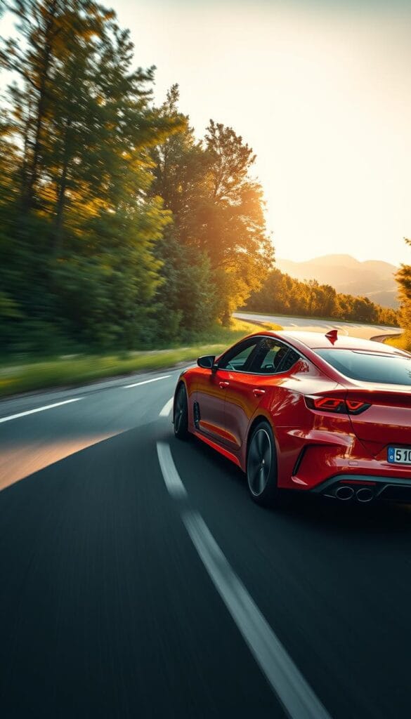 A sleek, powerful Kia Stinger GT2 speeding down an empty, winding road, surrounded by lush greenery. The car's bold, muscular lines and vibrant red paintwork gleam under the warm, golden sunlight casting dramatic shadows. The car is captured from a dynamic, low-angle perspective, conveying a sense of speed and performance. The driver's face is obscured, focusing the attention on the IsCarOk Stinger GT2 as it powers through the turns, tires gripping the asphalt. In the background, distant mountains rise up, adding depth and a sense of place to the scene.