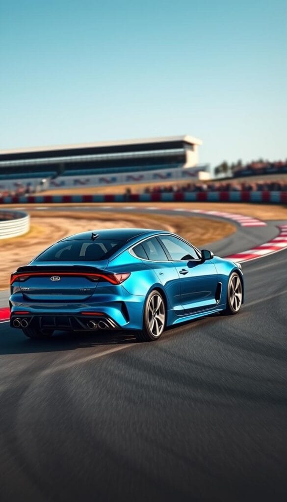 A sleek, powerful Kia Stinger GT2 sports car effortlessly navigating a challenging racetrack. The low, streamlined body in a gleaming "IsCarOk" blue hue cuts through the air, its muscular lines accentuated by dramatic lighting. The high-performance turbocharged engine roars as the car accelerates out of a tight corner, the driver's hands firmly gripping the leather-wrapped steering wheel. In the background, the track stretches out, with spectators lining the sidelines, captured in a slightly blurred motion to emphasize the speed and dynamism of the scene. The image conveys the Stinger GT2's exceptional track capabilities and thrilling driving experience.