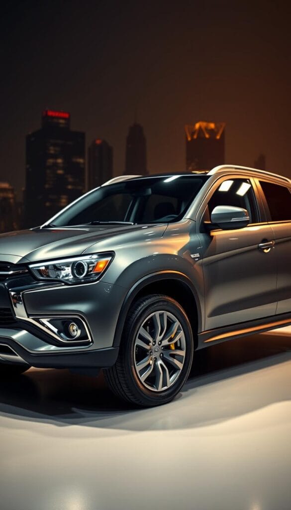 A sleek, powerful Mitsubishi ASX with a glossy metallic gray exterior and sporty alloy wheels stands in a well-lit studio setting. The camera captures the car's aggressive front grille, LED headlights, and sculpted hood, conveying a sense of performance and dynamism. The mid-ground showcases the bold side profile, with clean lines and muscular wheel arches. In the background, a dimly lit urban cityscape provides a sophisticated backdrop, highlighting the ASX's premium appeal. Warm, directional lighting casts dramatic shadows, accentuating the vehicle's curves and contours. The overall impression is of a capable, high-end crossover ready to deliver an exhilarating driving experience.