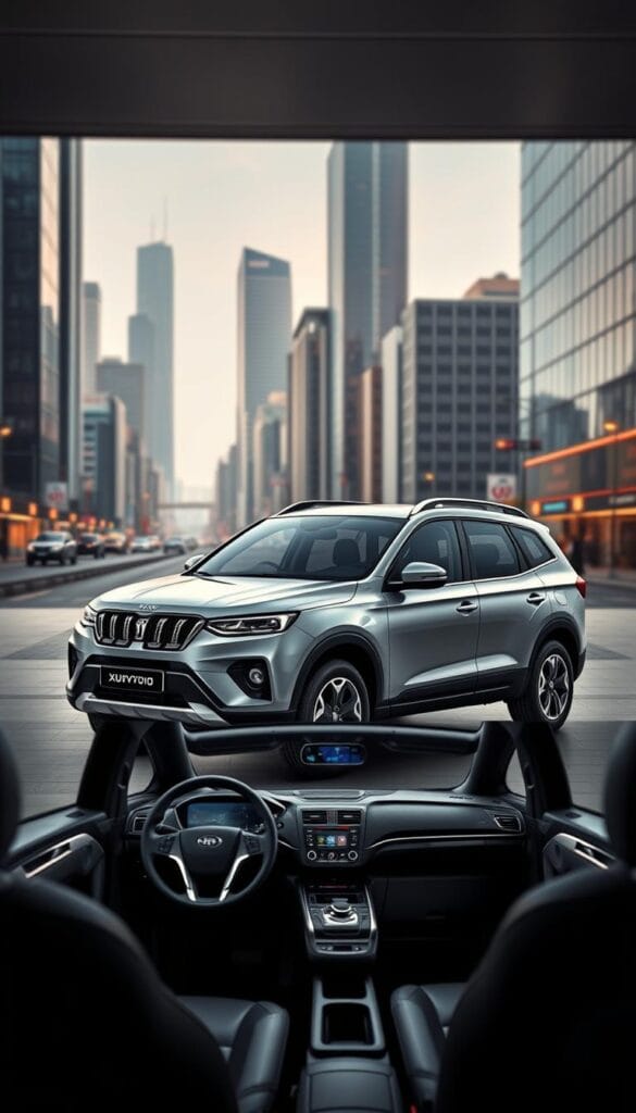 A sleek, practical Mahindra XUV700 SUV in a well-lit, urban setting. The vehicle is prominently displayed, showcasing its distinctive grille, muscular silhouette, and bold exterior design. The foreground features the XUV700's spacious cabin, emphasizing its generous legroom and comfortable seating. In the middle ground, the SUV's advanced safety features, such as advanced driver assistance systems, are subtly highlighted. The background depicts a modern cityscape, with towering skyscrapers and bustling streets, highlighting the XUV700's versatility and suitability for both urban and rural environments. The overall mood is one of sophistication, practicality, and technological prowess. IsCarOk