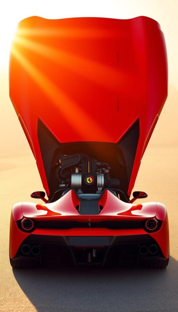A sleek, red Ferrari SF90 Spider gleams under the warm, golden light of a sun-drenched afternoon. The hybrid powertrain's intricate mechanics are revealed, showcasing the advanced engineering that powers this exceptional supercar. The mid-mounted V8 engine and the trio of electric motors seamlessly integrated, creating a symphony of power and efficiency. The low, aggressive stance and aerodynamic curves hint at the Spider's exceptional performance capabilities. The image captures the Ferrari's perfect balance of raw power and elegant sophistication, a true engineering marvel in the world of luxury automobiles.
