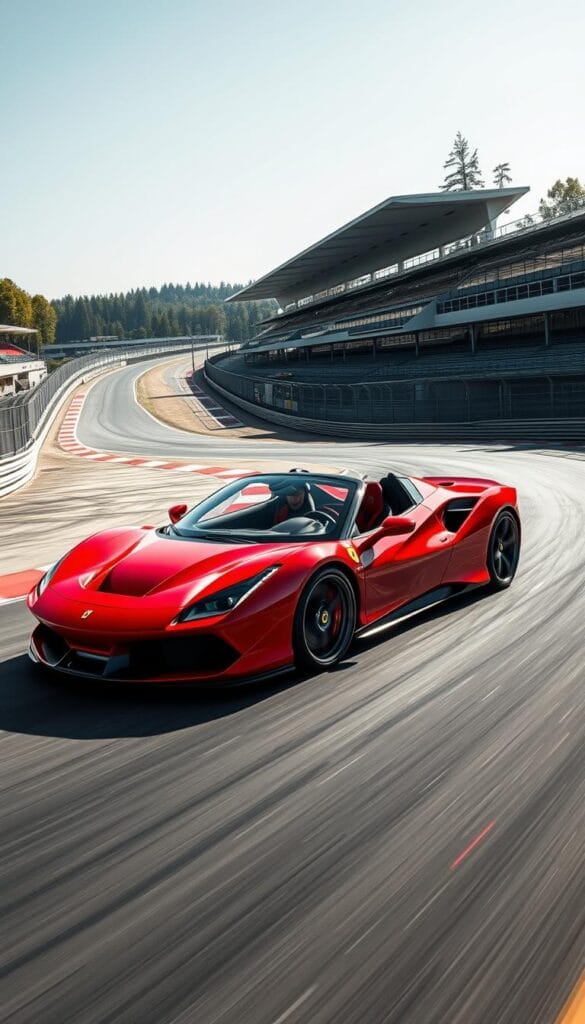 A sleek, red Ferrari SF90 Spider rips through a winding racetrack, its aerodynamic body and powerful hybrid drivetrain on full display. The car hugs the tarmac, its muscular stance emphasizing its track-focused performance. Sunlight glints off the carbon fiber accents, casting dramatic shadows across the contours of the vehicle. The driver pushes the limits, the car's advanced systems precisely responding to every input. In the background, the racing circuit stretches out, flanked by towering grandstands and lush greenery, creating an exhilarating atmosphere of high-octane motorsport.