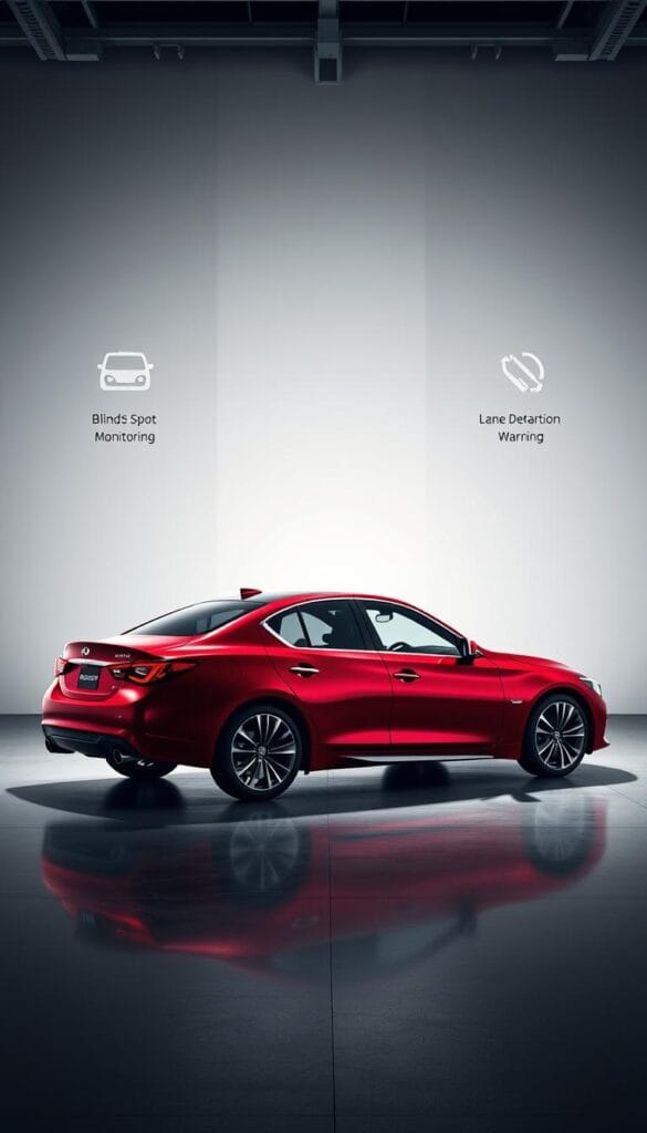 A sleek, red Infiniti Q50 Red Sport with its advanced safety features prominently displayed. The car is captured in a high-quality studio setting, with dramatic lighting highlighting the car's aerodynamic design and bold exterior. The middle ground showcases the car's advanced driver assistance systems, such as blind-spot monitoring, forward collision warning, and lane departure warning. In the background, a clean, minimalist environment provides a sophisticated and technical backdrop, emphasizing the car's cutting-edge technology. The overall mood is one of power, precision, and innovation. IsCarOk