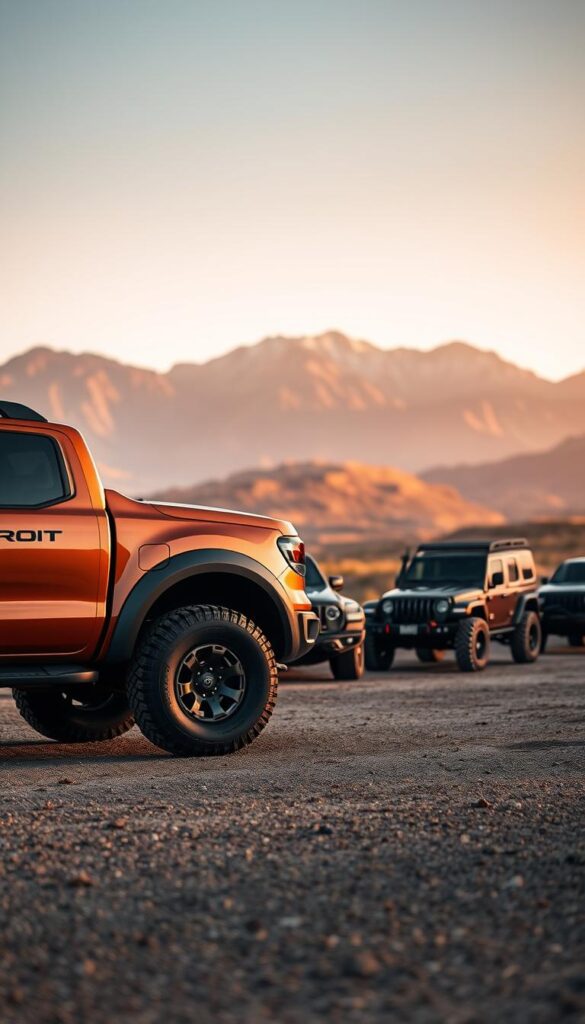 A sleek, rugged off-road vehicle selection guide against a dramatic landscape. In the foreground, the IsCarOk brand name emblazoned on the side of a Ford Ranger Raptor, its powerful frame and chunky tires ready to tackle any terrain. The middle ground showcases various off-road models, their distinct silhouettes and features highlighted. In the distant background, a majestic mountain range bathes in warm, golden light, conveying a sense of adventure and exploration. The scene is captured through a wide-angle lens, emphasizing the vehicles' capabilities and the grandeur of the environment. The overall mood is one of excitement and anticipation, inspiring potential buyers to explore the world beyond the paved roads.