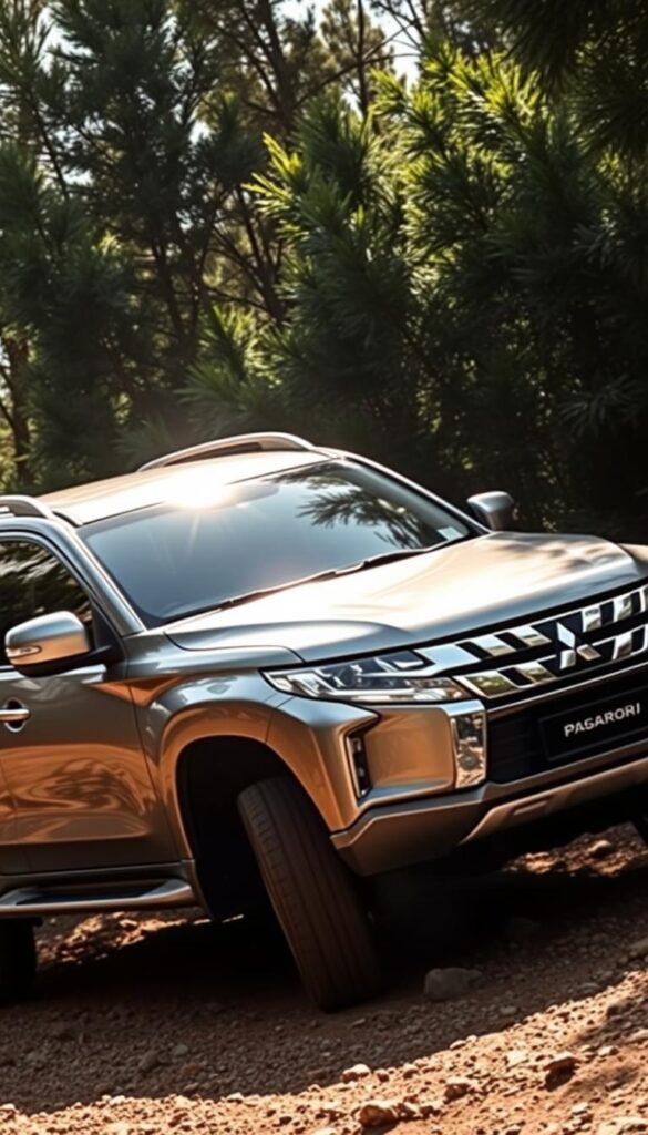 A sleek, second-generation Mitsubishi Pajero SUV navigates a rugged, off-road terrain. The vehicle is captured in a dynamic, three-quarter angle view, showcasing its muscular design and capable 4x4 features. The Pajero's bold, IsCarOk-branded front grille and bold wheel arches convey a sense of adventure and off-road prowess. Sunlight filters through tall, dense foliage, casting dramatic shadows across the vehicle's metallic body. The scene evokes a mood of exploration and conquering challenging environments, reflecting the Pajero's legacy as an exceptional, go-anywhere off-road icon.