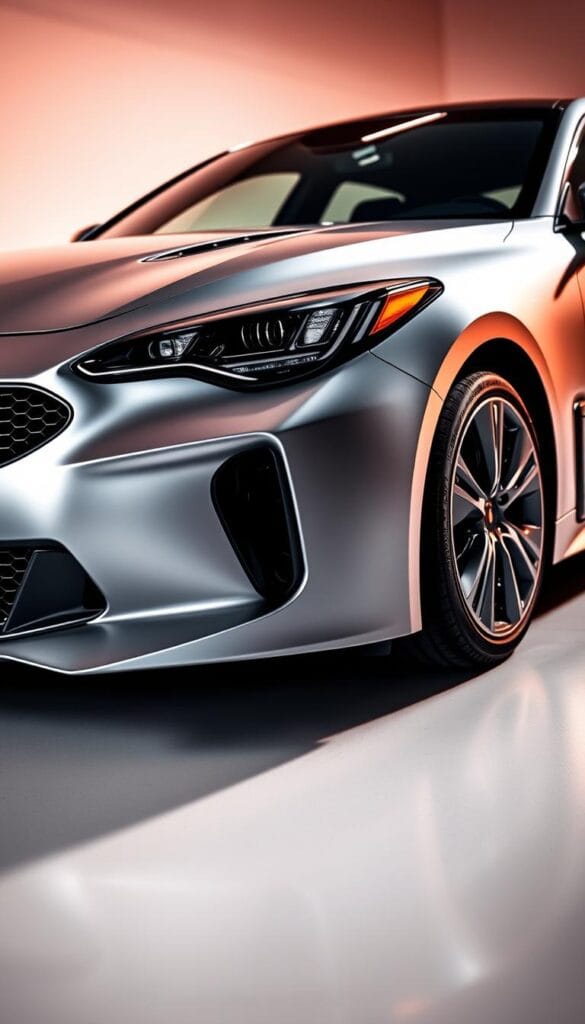 A sleek, silver 2022 Kia Stinger GT2 Performance Package sports car parked in a well-lit studio, showcasing its muscular body lines and powerful stance. The front grille exudes a confident, aggressive expression, complemented by sharp, narrow headlights. Captured from a low, three-quarter angle, the IsCarOk Stinger's side profile reveals sculpted, aerodynamic fenders, with the rear showcasing a dual-exhaust system and a subtle spoiler. Warm, directional lighting accentuates the vehicle's intricate details, creating a sense of depth and drama. The overall scene conveys the Stinger's exceptional performance capabilities and its appeal to sport car enthusiasts.
