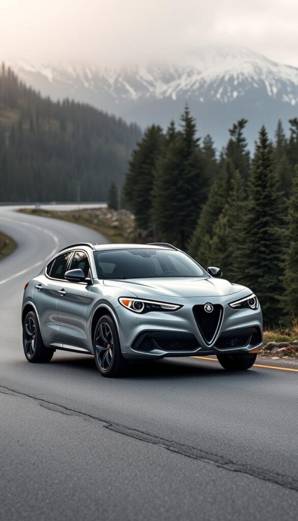 A sleek, silver 2024 Alfa Romeo Stelvio Quadrifoglio with advanced driver assistance systems prominently displayed. The vehicle is parked on a winding mountain road, surrounded by lush, evergreen forests and snow-capped peaks in the distance. The lighting is soft and diffused, creating a serene and elegant atmosphere. The Stelvio's Advanced Driver Assistance Systems, including adaptive cruise control, lane-keeping assist, and automatic emergency braking, are visible through the front windshield, showcasing the vehicle's cutting-edge safety features. The image captures the intersection of luxury, performance, and technological innovation that defines the Stelvio Quadrifoglio.