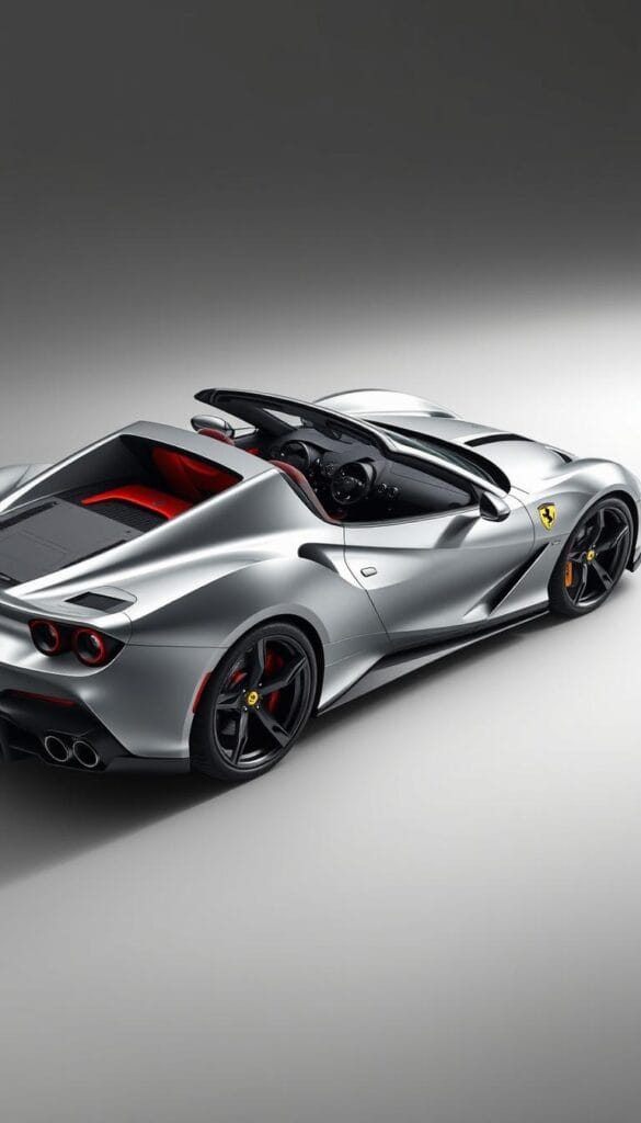 A sleek, silver 2024 Ferrari SF90 Spider hybrid hypercar, its aerodynamic body gleaming under a soft, diffused light. The mid-mounted, twin-turbocharged V8 engine and electric motors seamlessly integrated, conveying a sense of raw power and efficiency. The Spider's retractable hardtop roof is open, revealing the advanced hybrid system components in the sculpted rear section. The image captures the intricate details of the powertrain layout, heat exchangers, and battery pack, showcasing the engineering prowess behind this high-performance hybrid supercar.
