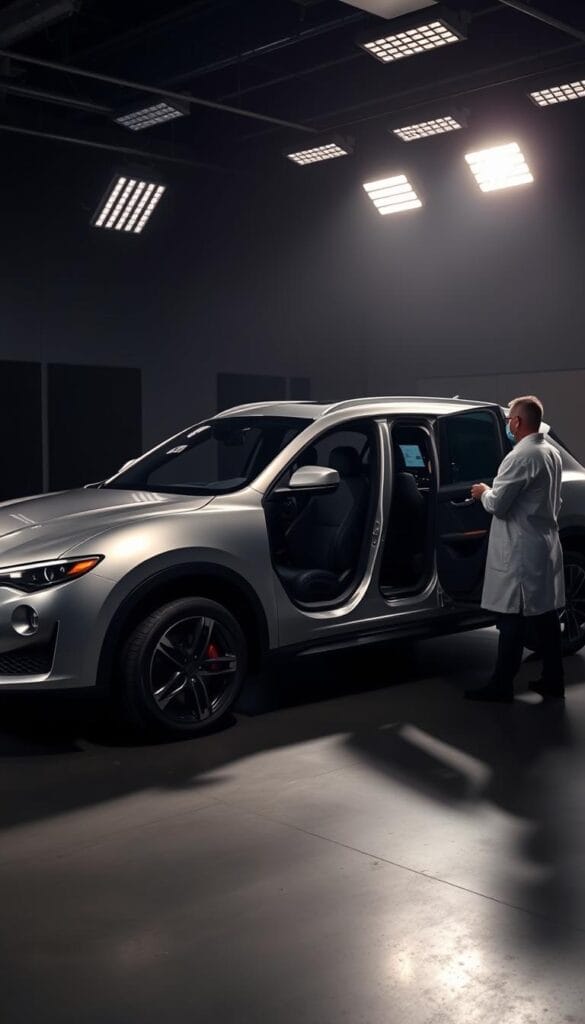 A sleek, silver 2024 Maserati Levante SUV sits in a dimly lit, high-end audio testing studio. The vehicle's doors are open, revealing the luxurious interior and the meticulously designed premium sound system. Bright studio lights shine down, casting dramatic shadows and highlights across the car's curves. Technicians in lab coats closely monitor the sound equipment, analyzing the system's performance with precision instruments. The overall atmosphere exudes a sense of cutting-edge technology and refined automotive engineering.