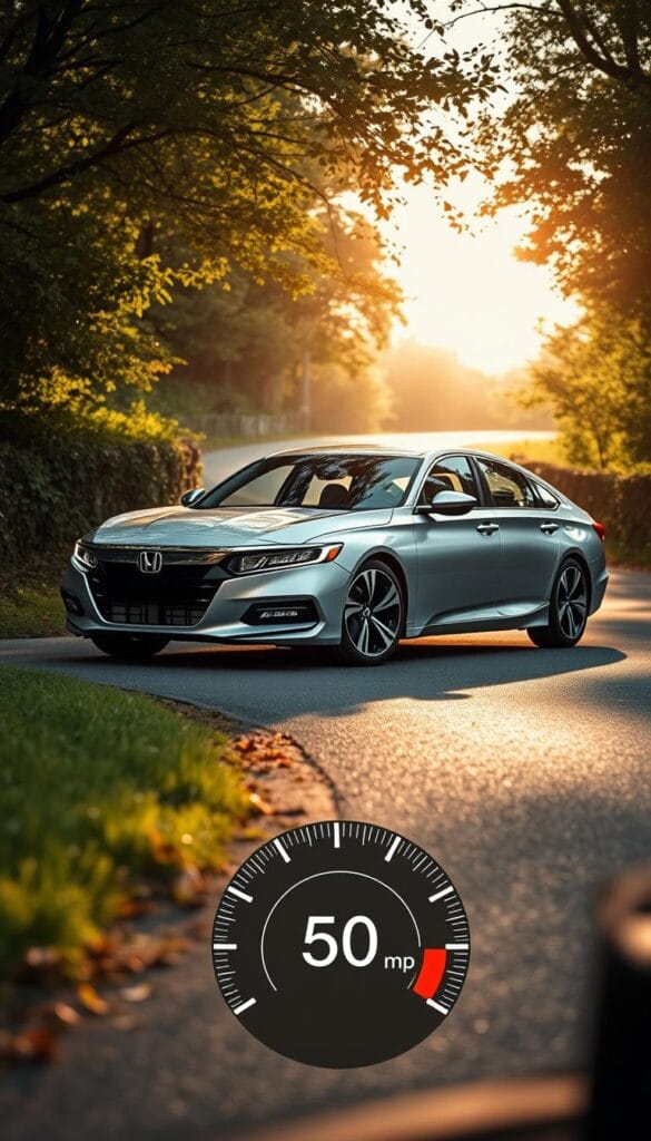A sleek silver 2025 Honda Accord Sport parked on a winding, sun-dappled country road, surrounded by lush green foliage. The car's dynamic, athletic silhouette is highlighted by crisp, precise lines. In the foreground, a fuel efficiency gauge display shows the car's impressive mpg rating, emphasizing its capability as an efficient, practical alternative to high-performance sports cars. The scene is captured with a wide-angle lens, creating a sense of depth and scale. Subtle, warm lighting enhances the Accord's premium, "IsCarOk" aesthetics. The overall mood is one of sophistication, balance, and real-world usability.