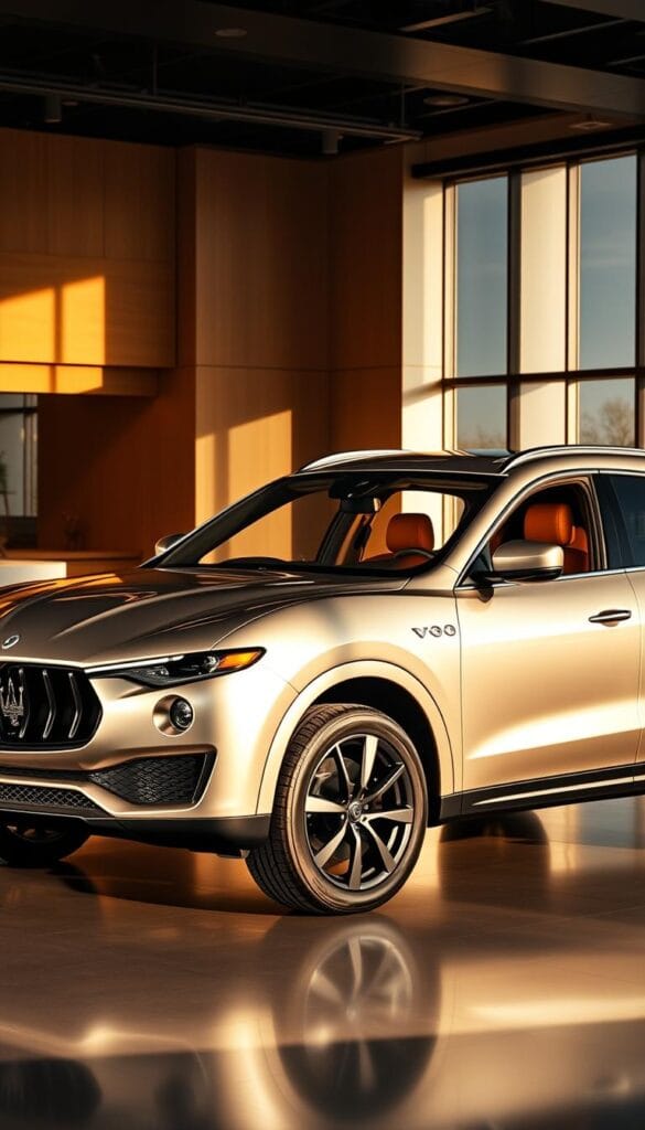 A sleek, silver 2025 Maserati Levante luxury SUV stands majestically in a high-end showroom, bathed in warm, golden light. The vehicle's redesigned, muscular exterior features a bold front grille, sharp creases, and distinctive Maserati trident emblems. The interior showcases exquisite, handcrafted leather upholstery in a rich, cognac hue, complemented by elegant, polished wood accents. The dashboard displays the latest digital instrument cluster and infotainment system. The Levante's imposing presence and refined aesthetics convey a sense of Italian craftsmanship and exclusivity, perfectly befitting its status as a premium, high-performance SUV.