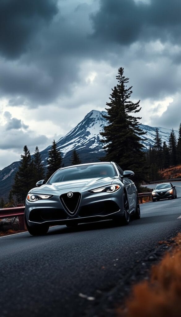 A sleek, silver Alfa Romeo Stelvio Quadrifoglio SUV, captured in a dynamic, low-angle shot against a dramatic, cloudy sky. The car's muscular body lines and aggressive front grille convey its high-performance capabilities. In the foreground, the vehicle's advanced safety features are highlighted, including adaptive cruise control sensors, collision avoidance cameras, and LED headlights with automatic high-beam control. The middle ground showcases the Stelvio's nimble handling, with the car navigating a winding mountain road flanked by tall, evergreen trees. The background features a towering, snow-capped peak, reflecting the vehicle's ability to excel in all driving conditions.