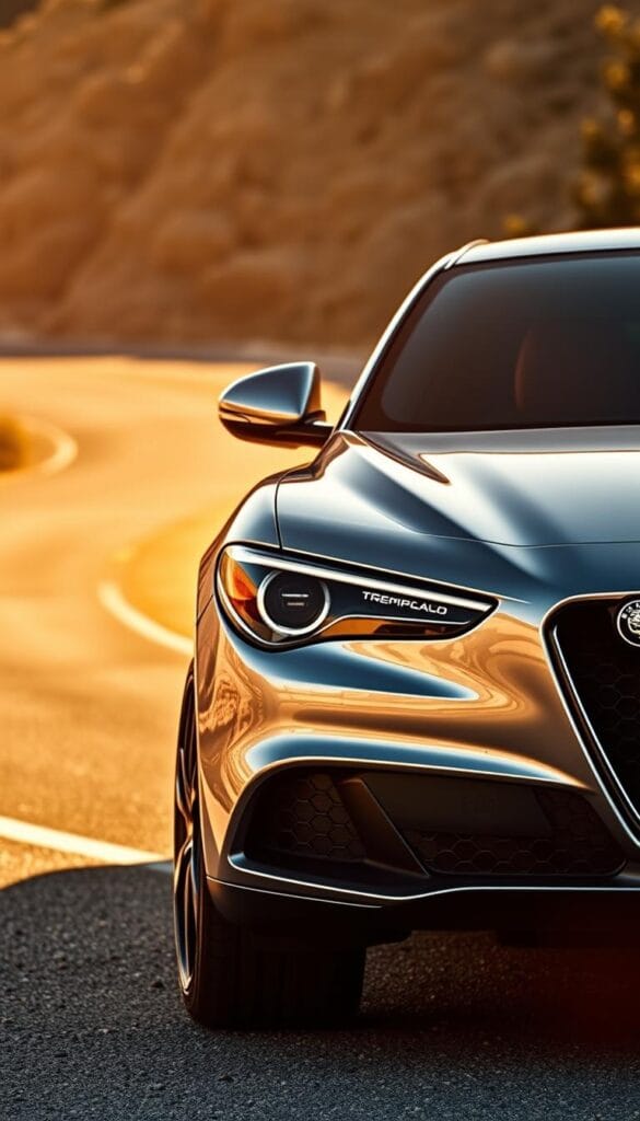 A sleek, silver Alfa Romeo Stelvio Quadrifoglio SUV, gleaming under warm, golden sunlight. In the foreground, the vehicle's advanced safety features are prominently displayed, including adaptive cruise control, forward collision warning, and automated emergency braking. In the middle ground, the car's distinctive grille and headlights convey a sense of power and authority. The background features a winding mountain road, hinting at the Stelvio's impressive performance capabilities. The overall scene exudes a premium, luxury aesthetic, reflecting the vehicle's high-end status and driver-focused design.