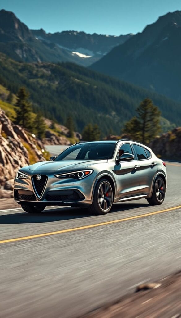 A sleek, silver Alfa Romeo Stelvio Quadrifoglio glides gracefully around a winding mountain road, its powerful engine roaring as it hugs the curves with precision. The car's muscular body and aggressive stance convey a sense of performance and agility. Sunlight dances across the vehicle's contours, highlighting the sharp lines and bold design cues. The driver navigates the Stelvio Quadrifoglio with confidence, taking full advantage of its responsive handling and advanced suspension system. In the background, rugged peaks and lush, pine-covered slopes create a majestic, alpine backdrop, setting the stage for a thrilling, high-performance driving experience.