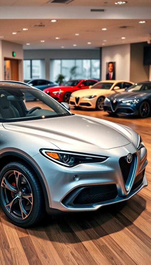 A sleek, silver Alfa Romeo Stelvio Quadrifoglio sits prominently in the foreground, its muscular lines and bold grille conveying a sense of luxury and performance. The car is framed against a softly blurred background of an upscale car dealership showroom, with gleaming hardwood floors and subtle lighting that casts a warm, inviting glow. In the middle ground, additional Stelvio Quadrifoglio models in various color options are arranged in an eye-catching display, showcasing the model's bold design and premium styling. The overall scene captures the essence of the Stelvio Quadrifoglio's value proposition - a high-performance, luxury SUV that delivers an exceptional driving experience.