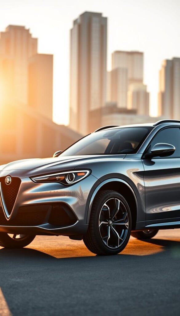 A sleek, silver Alfa Romeo Stelvio Quadrifoglio stands in a dramatic, low-angle shot, its muscular body and sharp, aerodynamic lines illuminated by warm, golden light. The front grille's iconic Quadrifoglio emblem and the sculpted, angular headlights convey a sense of power and performance. The side profile showcases the distinctive, tapered roofline and flared wheel arches, accentuating the vehicle's sporty, dynamic presence. In the background, a blurred, urban cityscape provides a sophisticated, metropolitan backdrop, emphasizing the Stelvio's high-end, luxury positioning.