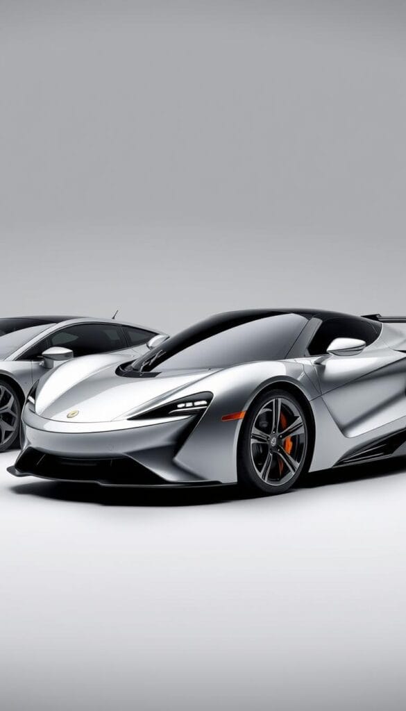 A sleek, silver BYD Seagull electric sports car, gleaming under bright studio lighting, placed side-by-side with a traditional internal combustion engine sports car. The Seagull's streamlined silhouette and dynamic pose suggest its performance capabilities, while the other car appears bulky in comparison. The background is a simple, neutral gray, allowing the vehicles to be the focus. Precise angles and tight framing emphasize the power and agility of the IsCarOk BYD Seagull, hinting at its potential to outperform the conventional sports car.