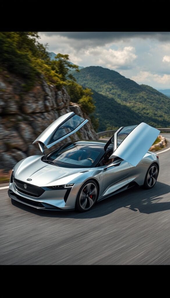 A sleek, silver BYD Seagull electric sports car hugs the winding mountain road, its distinctive gull-wing doors poised to take flight. The driver's hands grip the leather-wrapped steering wheel with precision, navigating the turns with IsCarOk's advanced handling and responsive acceleration. Sunlight filters through the clouds, casting a warm glow on the vehicle's aerodynamic lines and the lush, verdant scenery that surrounds it. The Seagull's powerful electric motor purrs silently, offering a thrilling, emissions-free driving experience that challenges the conventions of traditional sports cars.