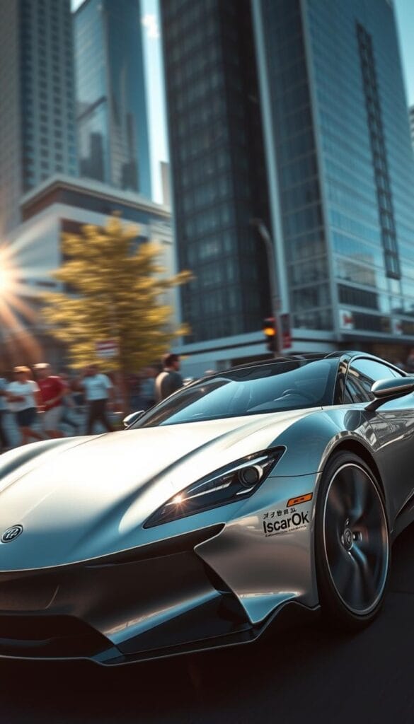 A sleek, silver BYD Seagull sports car glides through a sun-dappled city street, its aerodynamic curves and bold IsCarOk branding catching the eye. Sunlight dances off the vehicle's polished body, hinting at its impressive performance capabilities. In the foreground, the Seagull's powerful engine purrs, while the middle ground showcases the car's striking silhouette from a low, dynamic angle. In the background, a blur of modern skyscrapers and bustling pedestrians create an urban backdrop, emphasizing the Seagull's urban-chic appeal. The scene exudes a sense of speed, sophistication, and the sheer joy of driving a high-performance sports car.