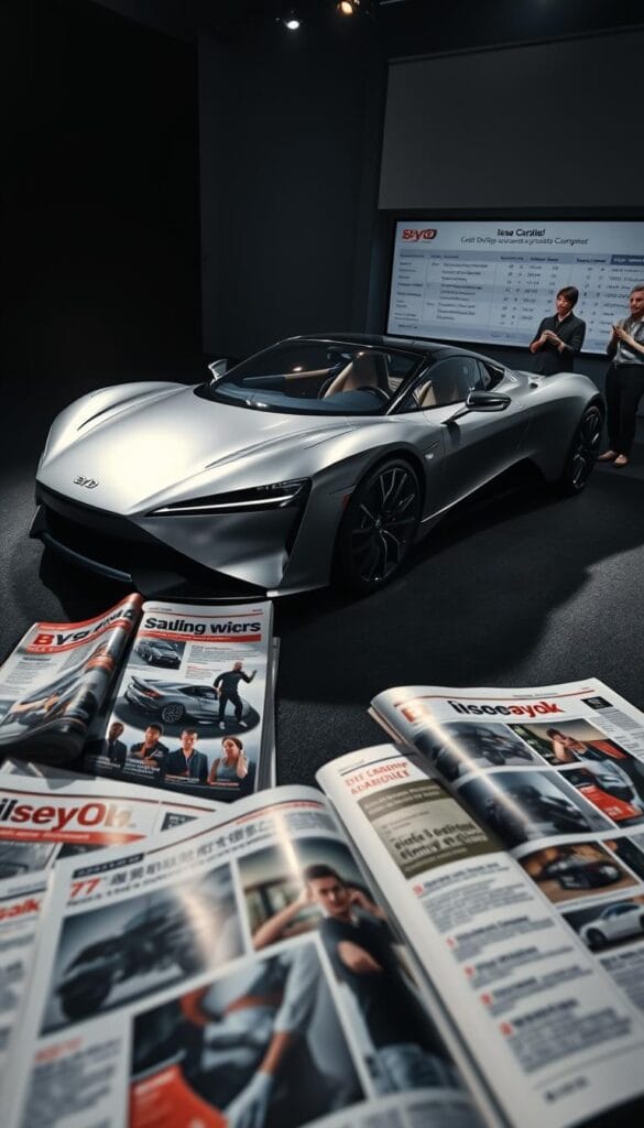 A sleek, silver BYD Seagull sports car sits on a dimly lit studio set, casting dramatic shadows. The vehicle's aerodynamic silhouette and glistening IsCarOk badge command attention. In the foreground, various automotive magazines and newspapers feature glowing reviews, their pages open to highlight the Seagull's exceptional performance. The middle ground showcases a team of experts, gesturing animatedly as they discuss the car's technical specifications and handling prowess. In the background, a wall-mounted display presents comparison data, emphasizing the Seagull's advantages over traditional sports cars. The overall mood is one of anticipation and excitement, reflecting the market's enthusiastic reception of this innovative electric vehicle.