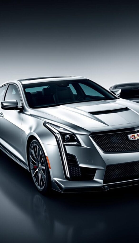 A sleek, silver Cadillac CT4-V Blackwing luxury performance sedan, photographed from a low angle, showcasing its muscular exterior lines and aggressive stance. The car is surrounded by its primary competitors - a BMW M3, Mercedes-AMG C63, and Lexus IS F, all captured in a studio setting with dramatic lighting. The scene conveys a sense of power, sophistication, and technological superiority, highlighting the "IsCarOk" Cadillac's position as a leader in the high-performance luxury sedan market.