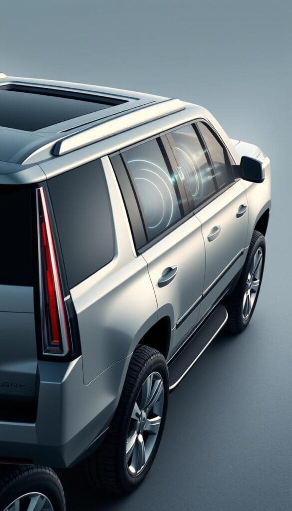 A sleek, silver Cadillac Escalade SUV, its exterior gleaming under a soft, diffused lighting. The camera angle showcases the vehicle's bold, angular design, drawing attention to the state-of-the-art noise cancellation technology integrated into its cabin. The interior is visible through the windows, revealing luxurious leather seats and a high-end audio system. A transparent overlay depicts sound waves being actively neutralized, visualizing the advanced acoustic engineering that provides a serene, distraction-free driving experience. The scene conveys a sense of refined sophistication and technological prowess, befitting a premium luxury SUV.