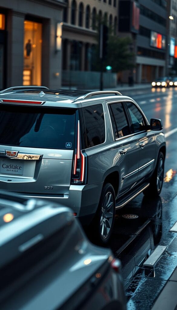 A sleek, silver Cadillac Escalade on a city street, its advanced driver monitoring system prominently displayed. The camera sensors and infrared tracking technology are visible on the dashboard, constantly monitoring the driver's attentiveness and readiness. The cabin is bathed in a soft, ambient glow, creating a sense of high-tech sophistication. The vehicle's exterior is reflected in the glossy, wet pavement, adding depth and dimension to the scene. The background is slightly blurred, keeping the focus on the cutting-edge driver assistance systems that are the centerpiece of this image.