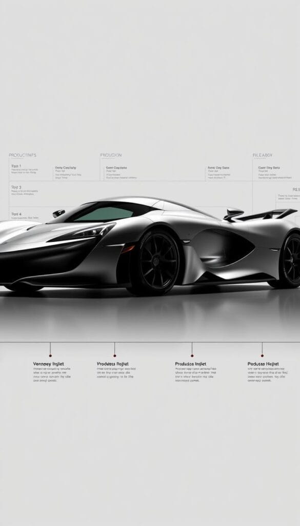 A sleek, silver Hennessey Venom F5 supercar takes center stage, its aerodynamic curves and powerful stance commanding attention. The background fades into a blueprint-style timeline, detailing the production milestones in a clean, technical layout. Subtle lighting highlights the car's contours, while a muted color palette conveys a sense of precision and sophistication. The Venom F5's iconic silhouette is captured from a low, dynamic angle, emphasizing its raw power and performance. This image seamlessly blends the vehicle's striking design with a structured, informative timeline, conveying the exclusivity and attention to detail that defines the Hennessey Venom F5 production journey.