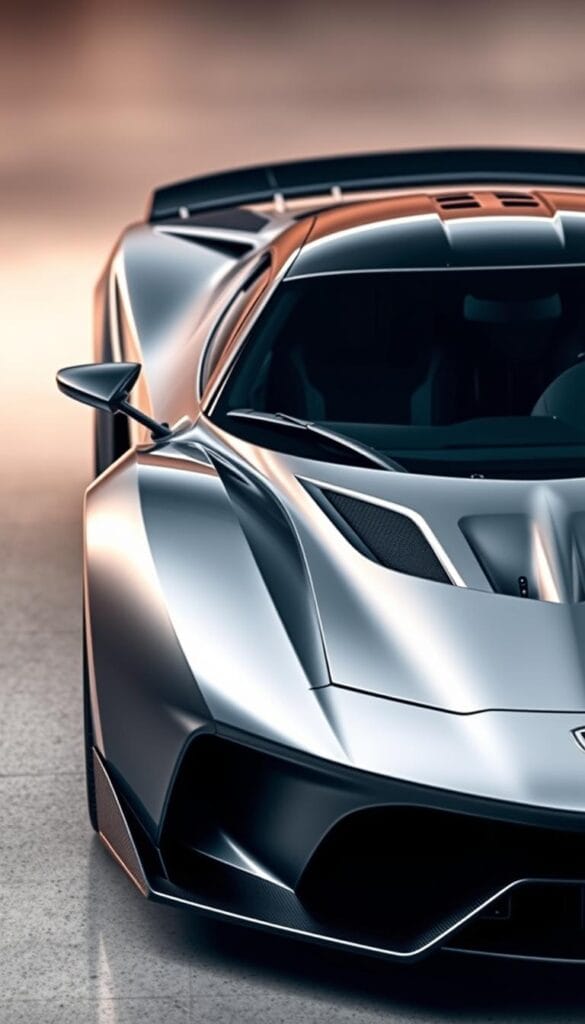 A sleek, silver Hennessey Venom F5 supercar taking center stage, its aerodynamic body and menacing front grille commanding attention. The high-performance vehicle sits against a background of soft, out-of-focus lighting, creating a sense of drama and anticipation. The mid-engine layout is accentuated by the car's low, wide stance, hinting at the immense power lurking beneath the hood. Subtle details, such as the carbon fiber accents and razor-sharp lines, add to the Venom F5's aggressive, race-inspired aesthetic. The scene is captured with a shallow depth of field, allowing the subject to be the sole focus, showcasing its impressive power output and performance metrics.