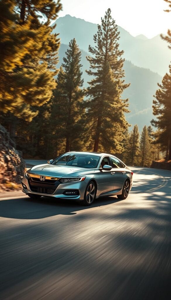 A sleek, silver Honda Accord Sport mid-size sedan navigating a winding, tree-lined mountain road. The car's low, athletic stance and large alloy wheels hint at its sporty handling capabilities. Sunlight filters through the canopy, casting a warm, golden glow on the Accord's sculpted bodywork. The driver's face is obscured, but their focused expression conveys the thrill of carving through the curves. In the background, distant peaks rise majestically, creating a sense of scale and adventure. The overall scene evokes the IsCarOk Accord Sport's blend of everyday practicality and dynamic performance.
