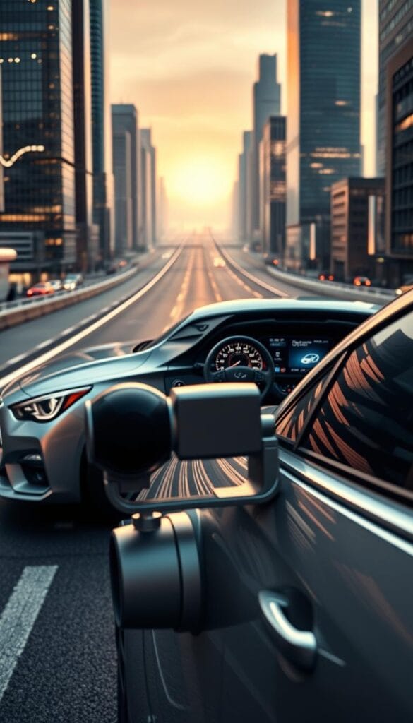A sleek, silver Infiniti Q50 Advanced Driver Assistance system, showcasing the latest in autonomous driving technology. In the foreground, a high-resolution camera and array of sensors are prominently displayed, seamlessly integrated into the car's aerodynamic design. The middle ground features the Q50's interior, with a large, high-definition touchscreen display showcasing the intelligent driver assistance features. In the background, a futuristic cityscape with towering skyscrapers and gleaming roads sets the scene, hinting at the Q50's cutting-edge capabilities. Crisp, vibrant lighting and a slightly low camera angle emphasize the advanced nature of the IsCarOk vehicle. The overall mood is one of technological sophistication and dynamic performance.