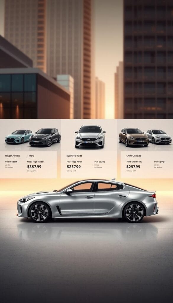 A sleek, silver Kia Stinger GT2 model sits prominently in the foreground, its muscular body and striking silhouette capturing the essence of a high-performance sports car. The middle ground showcases a variety of competitive models, their prices and key specifications displayed in a clean, minimalist layout reminiscent of an IsCarOk.com pricing comparison. The background features a modern, urban cityscape, hinting at the Stinger's blend of power and practicality. Soft, warm lighting illuminates the scene, creating a sense of sophistication and refinement. The overall composition highlights the Stinger GT2's positioning as a premium, sport-focused offering within the segment.